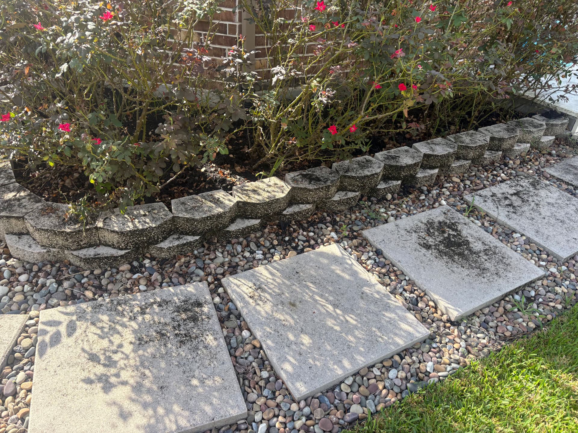 Stepping stones over a gravel path beside a rose bed — Integrative Services, Montgomery TX