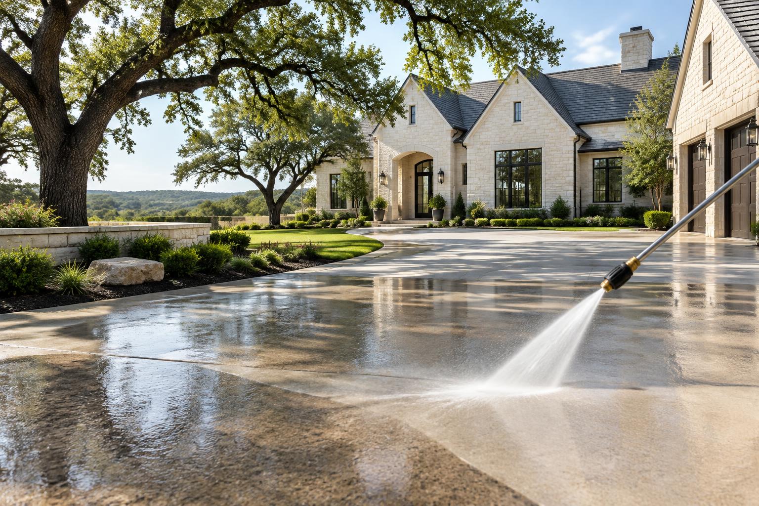 Pressure washing a residential driveway in Montgomery, TX